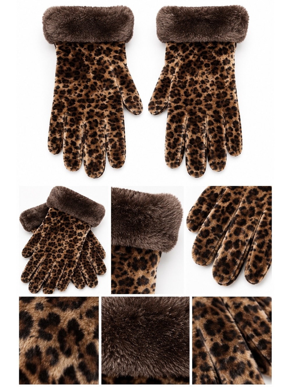 Leopard print gloves with faux fur cuffs